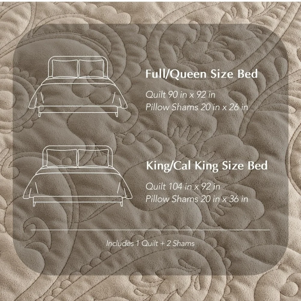 EVERGRACE Luxury Pearl Velvet Quilt Set Queen  3 Pieces, Soft Paisley-Stitch Vel
